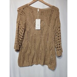 EVALESS Women Open Knit Sweater Tan Crochet Lightweight Boat Neck NWT